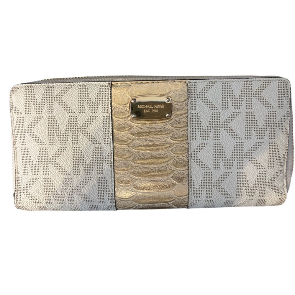 Michael Kors Vanilla Monogram Gold Python Zip Around Continental Wallet